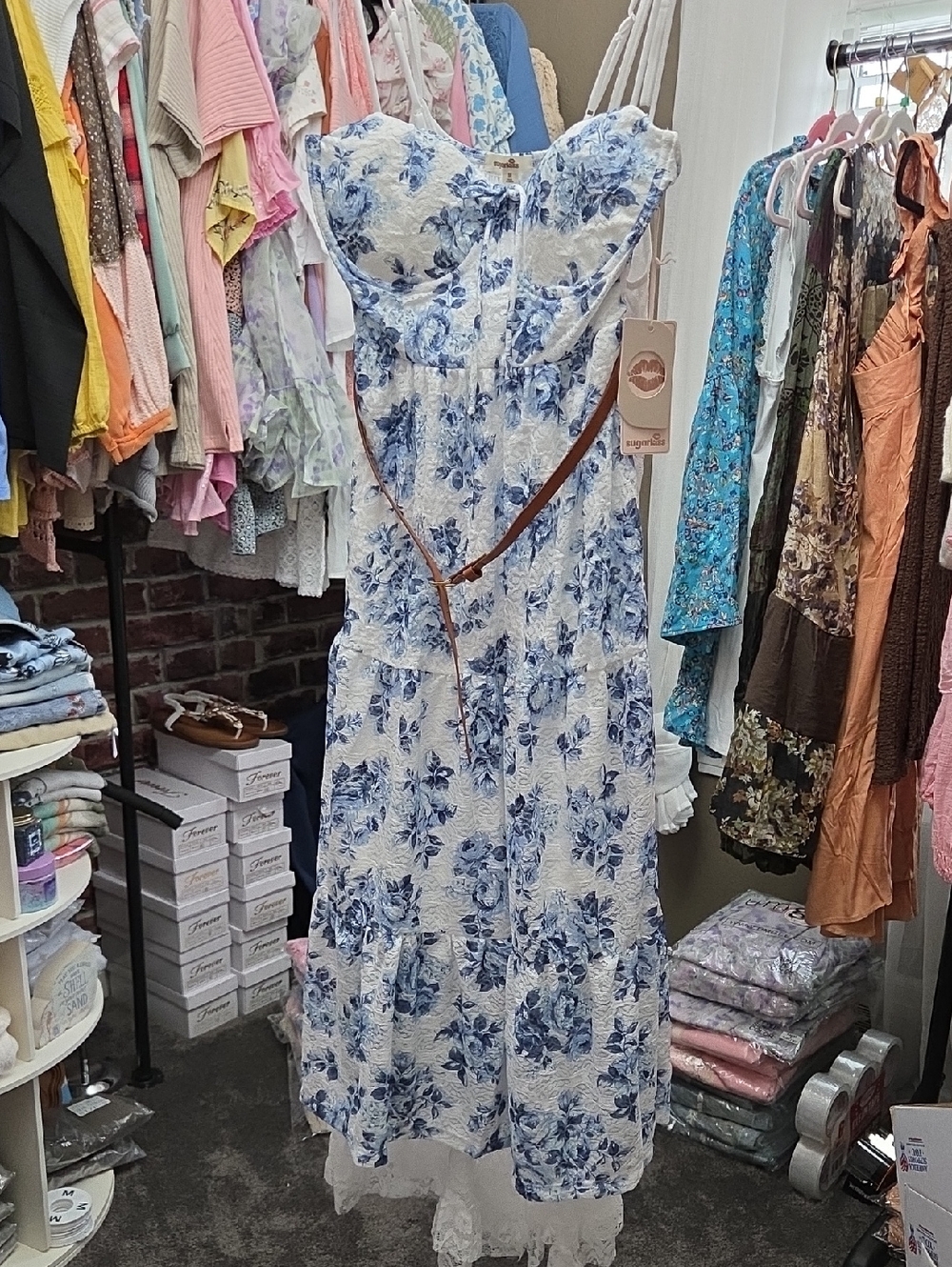 Sugar Blue and White Floral Midi Dress